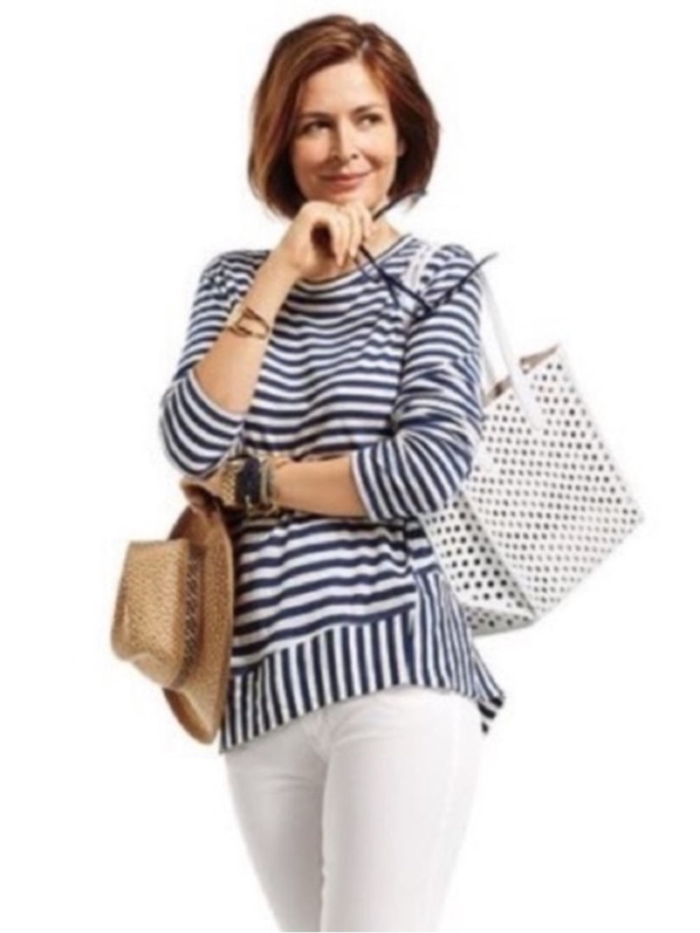 CAbi Navy White Bengal Stripe Asymmetric Top S